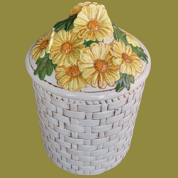Vintage 1970s Basket of Daisies Hand-Painted Canister - Picture 2 of 5